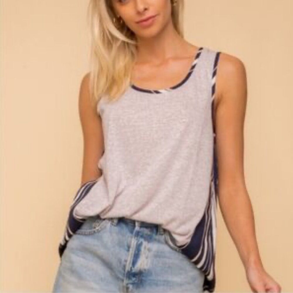 NWT LADIES SIZE L HEM & THREAD GRAY BLUE STRIPED TANK TOP SHIRT BLOUSE